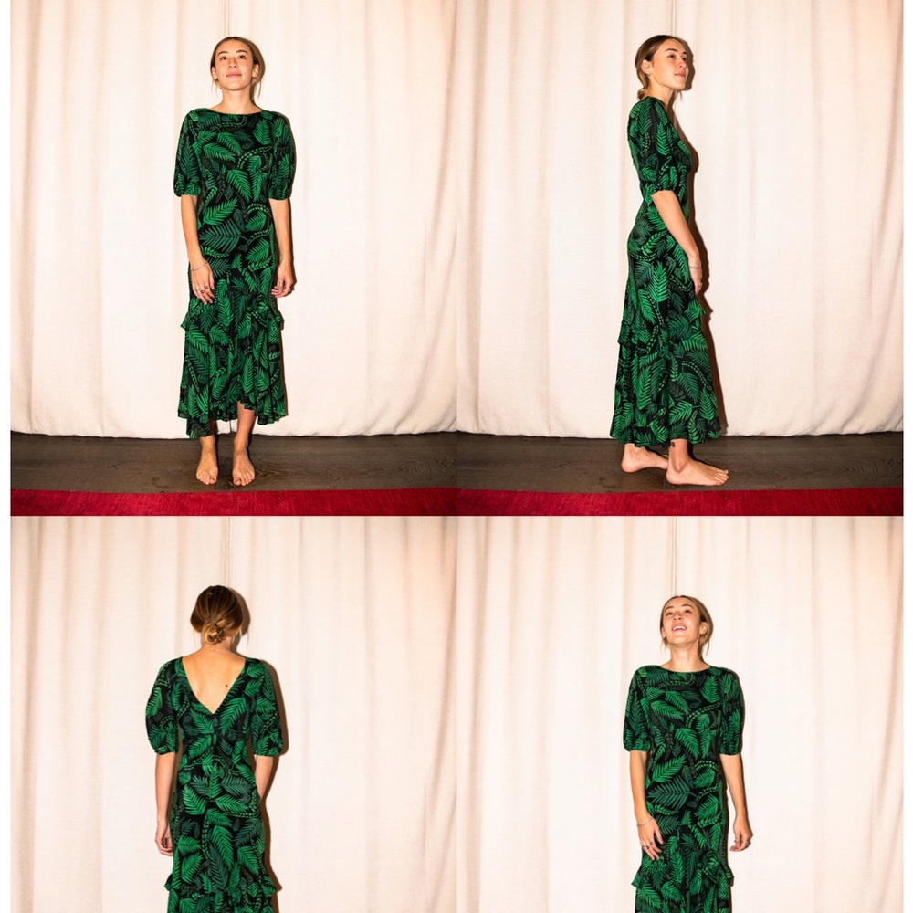 RIXO Elegant Green Leaf Print Dress